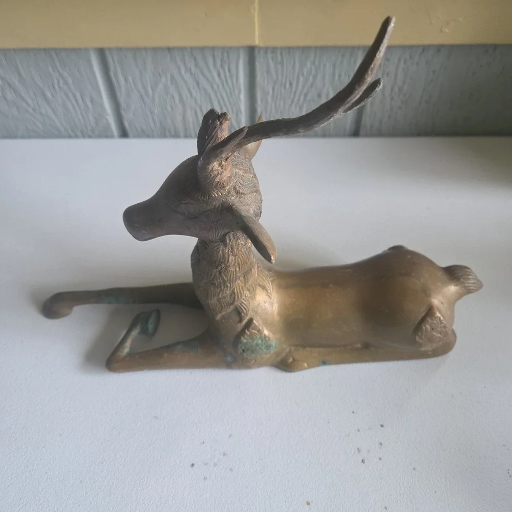 Vintage Brass Sculpture Deer MCM Stag Reclining Figure Antlers Aged Patina AS IS